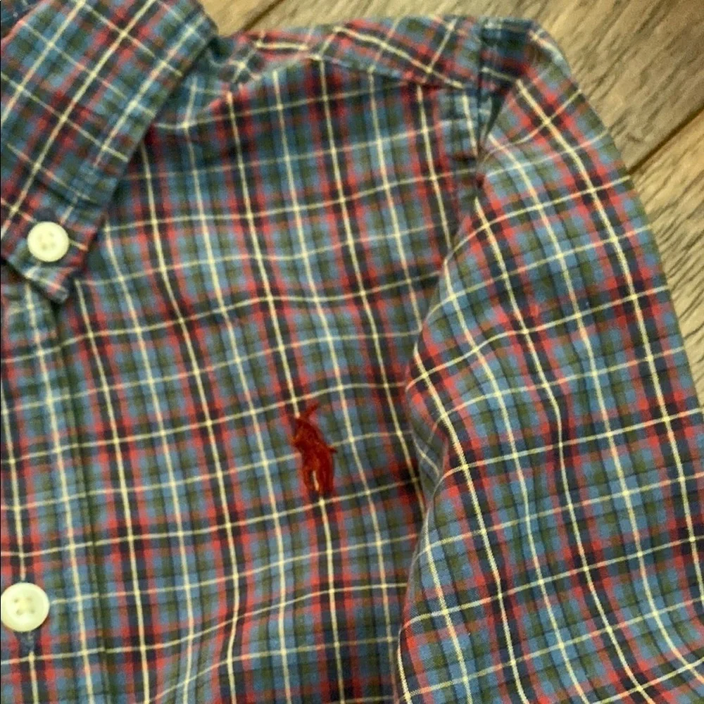 Ralph Lauren Red and Blue Button Down Shirt with Plaid Pattern